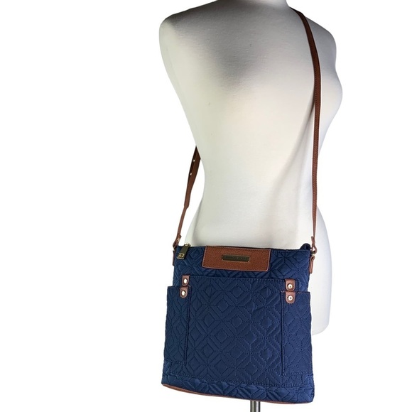 Navy Quilted Fabric Crossbody with Cognac Adjustable Strap Gold Accents Top Zip - Picture 3 of 16